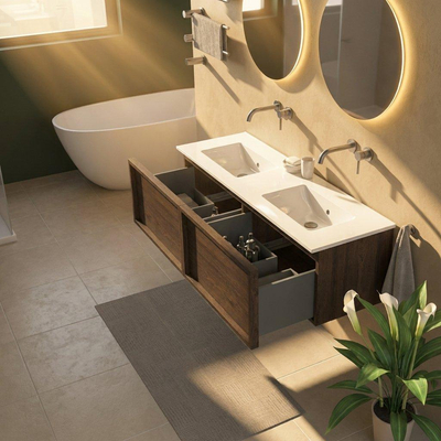 Saniclass Holz Frame Ensemble de meubles de salle de bains - 140x45x42cm - lavabo Vygo en céramique blanc - 2 vasques - sans trous de robinetterie - 2 tiroirs - chêne charcoal brillant (bois)