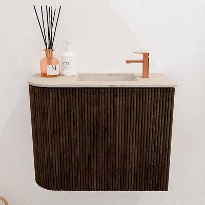 Mondiaz JOYA-DLUX 51.6cm toiletmeubel - ronding links kleur Walnut - Wastafel FAYE positie Rechts 1 kraangat kleur Frappe.