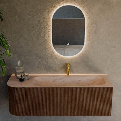 MONDIAZ KURVE-DLUX 135cm badmeubel ronding Links kleur Walnut met 1 lade en 1 deur. Wastafel BIG MEDIUM Rechts 1 kraangat Saba.