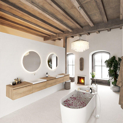 MONDIAZ BUKLA meuble de salle de bain 300cm avec module 60 couleur Chêne blanchi avec 5 tiroirs. Lavabo CLOUD double 0 trou de robinet couleur Talc.