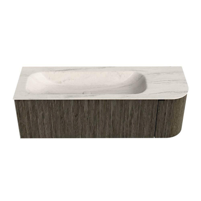 MONDIAZ KURVE-DLUX Meuble de salle de bains 135cm arrondi à droite couleur Shadow avec 1 tiroir et 1 porte. Lavabo BIG MEDIUM gauche sans trou de robinet Meli.