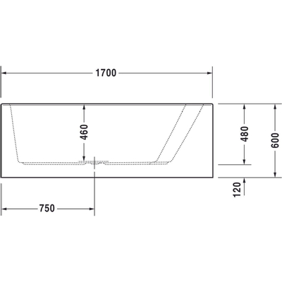 Duravit Paiova bad acryl afgeschuind 170x100x46cm rechts met aangevormd paneel en frame wit