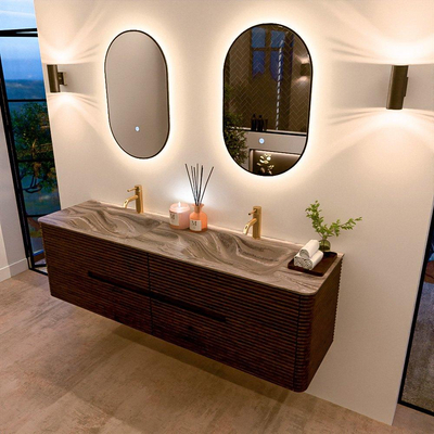 Mondiaz CIRO-DLUX Badkamermeubelset - 170x45x50cm - Solid surface wastafel Sombra - 2 wasbak Dubbel - 2 kraangaten - 4 lades - Walnut