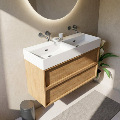 Saniclass Holz Frame Ensemble de meuble de salle de bains - 120x45x72cm - Legend lavabo en céramique blanc mat - 2 vasques - 2 trous de robinet - 2 tiroirs - chêne natural mat (bois)