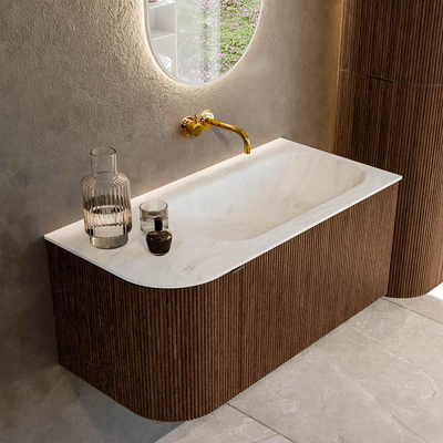 MONDIAZ KURVE-DLUX 95cm badmeubel met module 25 L kleur Walnut met 1 lade en 1 deur. Wastafel BIG SMALL rechts zonder kraangat kleur Opalo.