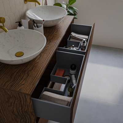 Saniclass Holz Atelier Meuble de salle de bain - 120x45x60cm - lavabo en céramique blanc - 2 vasques - sans trous de robinet - 2 tiroirs - Walnut pure