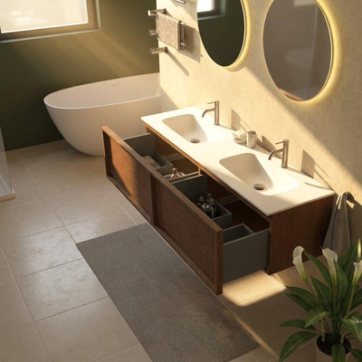 Saniclass Holz Frame Badkamermeubelset - 160x45x41.5cm - Flow solid surface wastafel wit - 2 wasbakken - 2 kraangaten - 2 lades - mat walnut pure (hout)