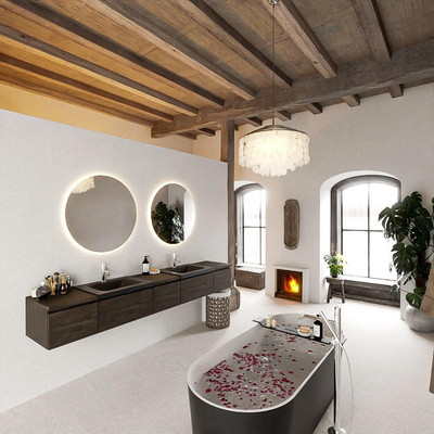 MONDIAZ BUKLA 240cm ensemble de meuble avec module 40 couleur Marron Foncé avec 5 tiroirs. Lavabo CLOUD double 2 trous de robinet couleur Urban.