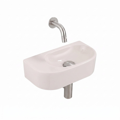 QeramiQ Fuente Lavabo pour WC - 40x22x12 cm - lisse - demi-rond - sans trou de robinet de Lavabo pour WC - ceramique - robinet de Lavabo pour WC inox brosse - siphon bas - bonde - lin