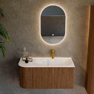 MONDIAZ KURVE-DLUX 95cm Meuble salle de bain avec module 25 G - couleur Walnut - 1 tiroir - 1 porte - vasque BIG SMALL droite - 1 trou de robinet - couleur Frappe