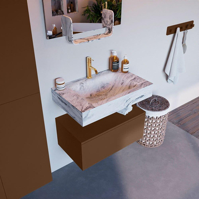 Mondiaz ALAN-DLUX Ensemble de meuble - 70cm - meuble Rust mat - 1 tiroir - Lavabo Cloud Glace suspendu - vasque Centre - 1 trou de robinet