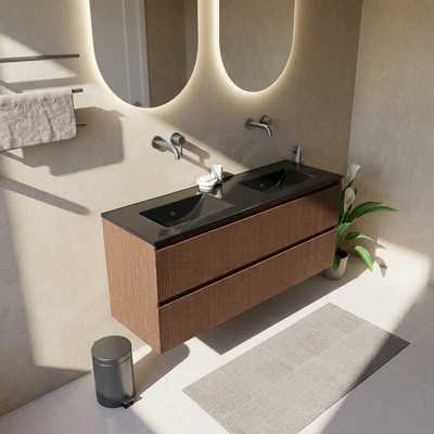 Saniclass Holz Atelier Ensemble de meubles de salle de bains - 140x45x62cm - Lavabo Vygo en céramique noir - 2 vasques - sans trous de robinet - 4 tiroirs - walnut pure mat (bois)
