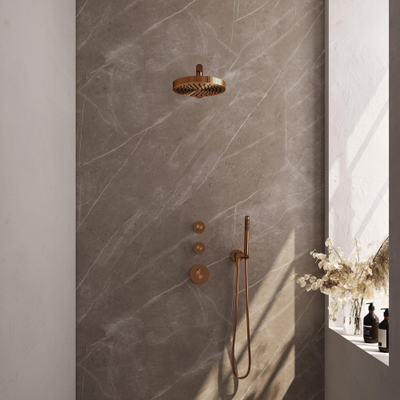 BRAUER Stripe Douche de tête thermostatique encastrée - SET 01 - pomme de douche 25cm - bras mural droit - douchette sur barre - flexible de douche - coude mural - cuivre brossé PVD
