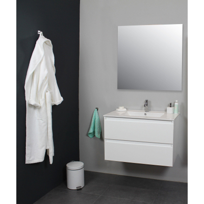 Basic Bella Meuble avec lavabo en porcelaine 80x55x46cm 1 trou de robinet avec miroir Blanc brillant