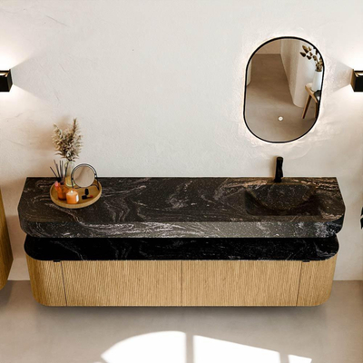 MONDIAZ THOR-DLUX 200cm meuble de salle de bains arrondi gauche + droite couleur Chêne avec 2 tiroirs et 2 portes. Vasque suspendue CLOUD Droite 1 trou de robinet couleur Lava.