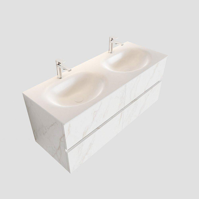 MONDIAZ VICA Badkamermeubelset - 120cm - 4 lades - wasbak Moon dubbel - 2 kraangaten - solid surface carrara marmer