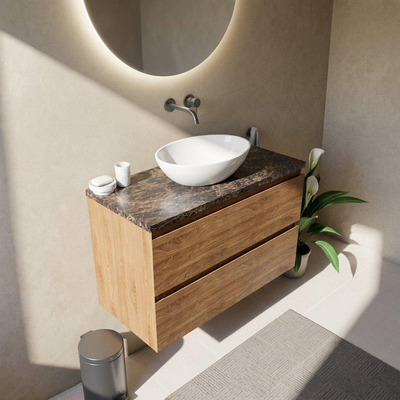 Saniclass Holz Pure Ensemble de meubles de salle de bains - 100x45x63cm - Plan en pierre naturelle Noche dark emperador - sans trou de robinet - 2 tiroirs - chêne natural mat (bois)