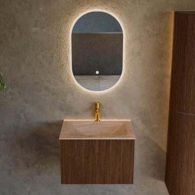 MONDIAZ KURVE-DLUX 60cm badmeubel kleur Walnut met 1 lade en 0 deuren. Wastafel CLOUD Midden 1 kraangat Saba.