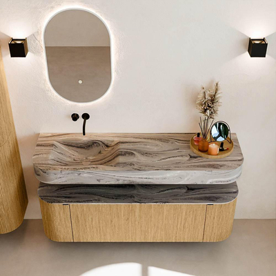 MONDIAZ THOR-DLUX 150cm badmeubel ronding links + rechts kleur Oak met 1 lade en 2 deuren. Vrijhangende wastafel CLOUD Links zonder kraangat kleur Sombra.