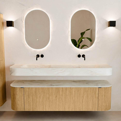 MONDIAZ THOR-DLUX Meuble de salle de bains 170cm arrondi gauche + droite couleur Oak avec 1 tiroir et 2 portes. Vasque suspendue CLOUD Double sans trou de robinet couleur Ostra.