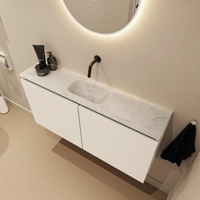 MONDIAZ TURE-DLUX Meuble toilette - 100cm - Talc - EDEN - vasque Opalo - position centrale - sans trou de robinet