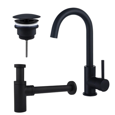 FortiFura Calvi Kit robinet lavabo - robinet haut - bec rotatif - bonde non-obturable - siphon design - Noir mat