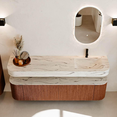 MONDIAZ THOR-DLUX 180cm meuble de salle de bains arrondi gauche + droite couleur Ruby avec 2 tiroirs et 2 portes. Vasque suspendue CLOUD Droite 1 trou de robinet couleur Nata.