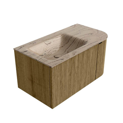 MONDIAZ KURVE-DLUX Meuble de salle de bains 85cm arrondi Droite couleur Dusk avec 1 tiroir et 1 porte. Lavabo CLOUD Gauche sans trou de robinet Arena.