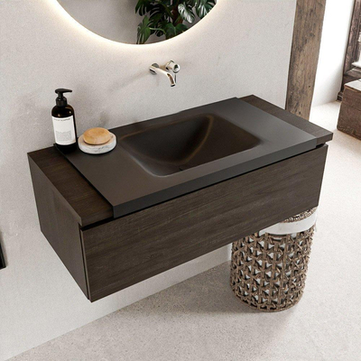 Ensemble de meuble de salle de bain Mondiaz BUKLA 100x45x34cm 0 trous de robinet lavabo au centre solid surface Urban sans poignée 1 tiroir avec fermeture douce Mélamine Marron foncé