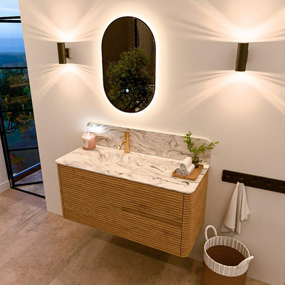 Mondiaz CIRO-DLUX Meuble de salle de bains - 110x45x50cm - Plan vasque solid surface Glace - 1 vasque à gauche - 1 trou pour robinet - 2 tiroirs - Chêne