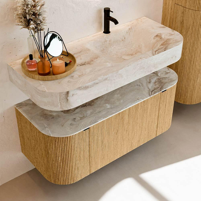 MONDIAZ THOR-DLUX 110cm badmeubel ronding links + rechts kleur Oak met 1 lade en 2 deuren. Vrijhangende wastafel CLOUD Rechts 1 kraangat kleur Frappe.