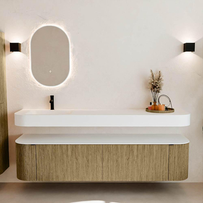 MONDIAZ THOR 190cm meuble de salle de bains arrondi gauche + droite couleur Dusk avec 2 tiroirs et 2 portes. Vasque suspendue CLOUD gauche 1 trou de robinet couleur Talc.