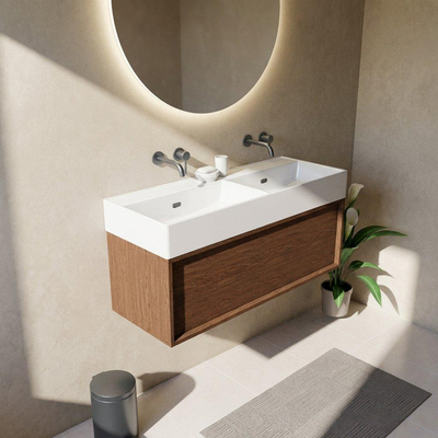 Saniclass Holz Frame Ensemble de meubles de salle de bains - 120x45x52cm - Legend lavabo en céramique blanc - 2 vasques - sans trous de robinetterie - 1 tiroir - mat walnut pure (bois)