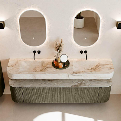 MONDIAZ THOR-DLUX 190cm meuble de salle de bains arrondi gauche + droite couleur Shadow avec 2 tiroirs et 2 portes. Vasque suspendue CLOUD Double sans trou de robinet couleur Frappe.