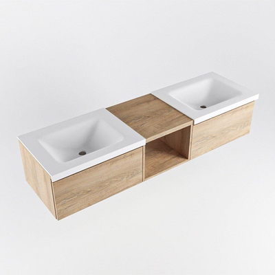 MONDIAZ BUKLA 160cm ensemble de meuble avec module ouvert 40 couleur Chêne blanchi avec 2 tiroirs. Lavabo CLOUD double 0 trou de robinet couleur Talc.