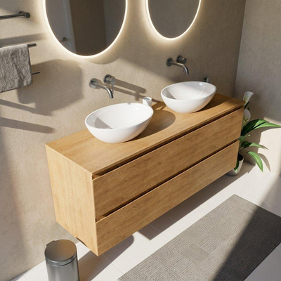 Saniclass Holz Pure Ensemble de meubles de salle de bains - 160x45x62cm - plan de travail en bois - sans trou de robinet - 4 tiroirs - chêne natural mat (bois)