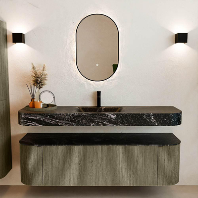 MONDIAZ THOR-DLUX 160cm meuble de salle de bains arrondi gauche + droite couleur Shadow avec 1 tiroir et 2 portes. Vasque suspendue CLOUD Milieu 1 trou de robinet couleur Lava.