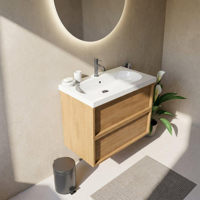 Saniclass Holz Frame Ensemble de meubles de salle de bains - 80x45x63.5cm - lavabo en céramique Palermo blanc - 1 vasque - 1 trou de robinetterie - 2 tiroirs - chêne natural mat (bois)
