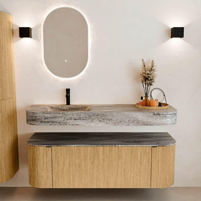 MONDIAZ THOR-DLUX 140cm badmeubel ronding links + rechts kleur Oak met 1 lade en 2 deuren. Vrijhangende wastafel CLOUD Links 1 kraangat kleur Oza.