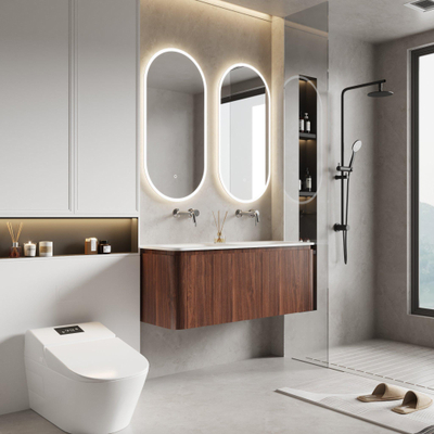 Saniclass Terra Ensemble meuble de salle de bain - 120x42x45,5 cm - lavabo en surface solide blanc mat - 2 vasques - 2 tiroirs - Châtaignier (noyer)