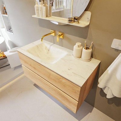 MONDIAZ VICA-DLUX Badkamermeubelset - 100cm - onderkast washed oak - 2 lades - inbouw wastafel cloud links - zonder kraangaten - 60cm hoge versie - opalo