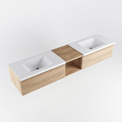 MONDIAZ BUKLA 200cm ensemble de meuble avec module ouvert 40 couleur Chêne blanchi avec 2 tiroirs. Lavabo CLOUD double 2 trous de robinet couleur Talc.