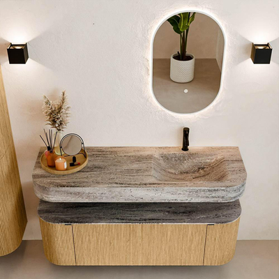 MONDIAZ THOR-DLUX 140cm badmeubel ronding links + rechts kleur Oak met 1 lade en 2 deuren. Vrijhangende wastafel CLOUD Rechts 1 kraangat kleur Oza.