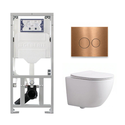 Pack WC QeramiQ Dely Swirl Compact - réservoir encastrable Geberit UP320 - avec bâti-support Burda - abattant slim - plaque de commande en métal cuivre - boutons ronds - blanc brillant