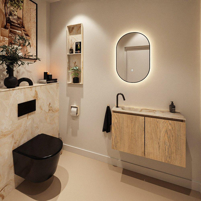 MONDIAZ TURE-DLUX Meuble toilette - 80cm - Washed Oak - EDEN - vasque Frappe - position gauche - 1 trou de robinet