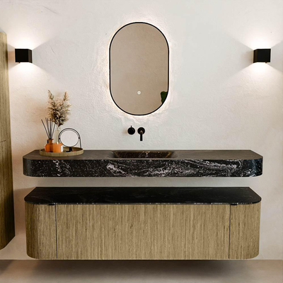 MONDIAZ THOR-DLUX Meuble de salle de bains 170cm arrondi gauche + droite couleur Dusk avec 1 tiroir et 2 portes. Vasque suspendue CLOUD Milieu sans trou de robinet couleur Lava.