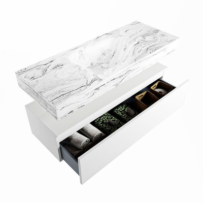 Mondiaz ALAN-DLUX Ensemble de meuble - 120cm - meuble Talc mat - 1 tiroir - Lavabo Cloud Glace suspendu - vasque Centre - 1 trou de robinet