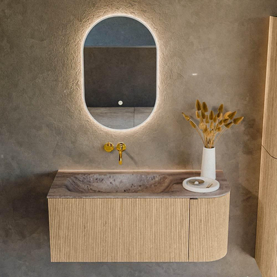MONDIAZ KURVE-DLUX Meuble de salle de bains 105cm courbe Droite couleur Chêne avec 1 tiroir et 1 porte. Lavabo BIG SMALL Gauche sans trou de robinet Oza.