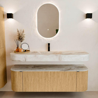 MONDIAZ THOR-DLUX 150cm badmeubel ronding links + rechts kleur Oak met 1 lade en 2 deuren. Vrijhangende wastafel CLOUD Midden 1 kraangat kleur Frappe.