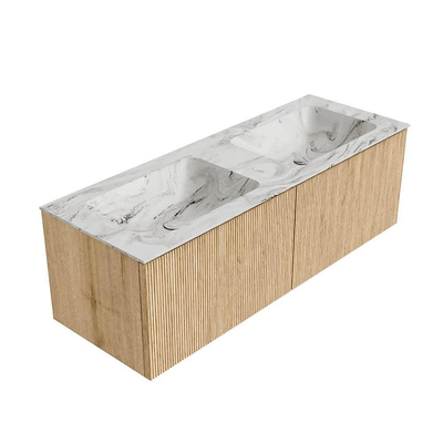 MONDIAZ KURVE-DLUX 130cm Meuble salle de bain - couleur Oak - 2 tiroirs - vasque LEAF double - sans trou de robinet - couleur Glace